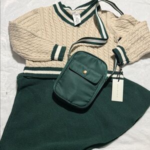 Max studio knit set sweater skirt bag forest green / light cream